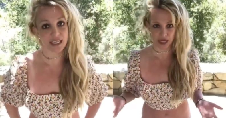Side-by-side of Britney Spears speaking to the camera in a crop top