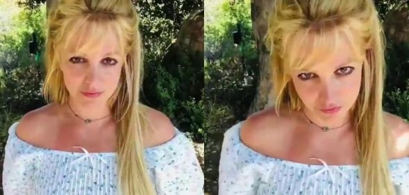 Side-by-side of two images of Britney Spears posing to the camera in front of bushes in a crop top
