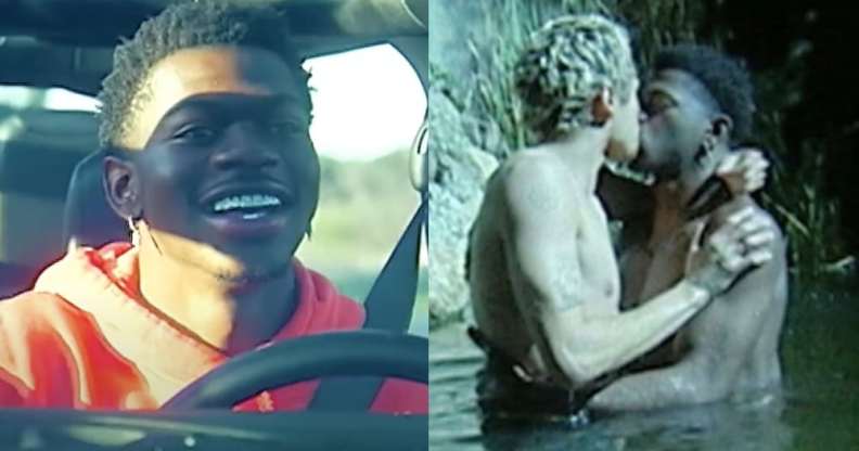 On the left: Lil Nas X smiles as he drives a car. On the right: Dominic Fike and Lil Nas X, shirtless, share a kiss while half-submerged in a river