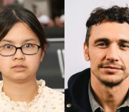 On the left: A headshot of Charlyne Yi on the red carpet. On the right: A headshot of James Franco, smirking