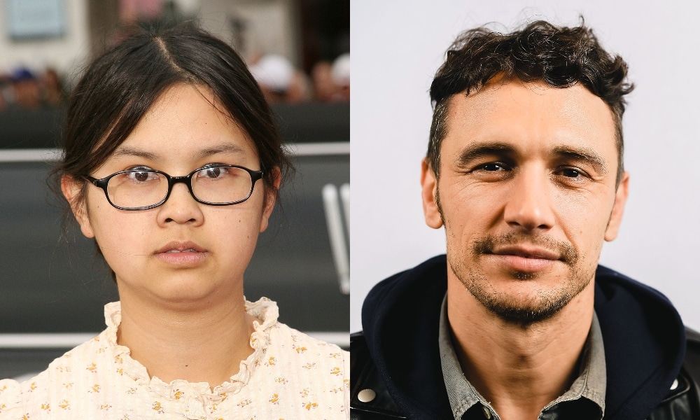 On the left: A headshot of Charlyne Yi on the red carpet. On the right: A headshot of James Franco, smirking