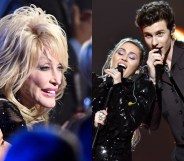 Dolly Parton sitting in a crowd / Miley Cyrus and Shawn Mendes singing for her