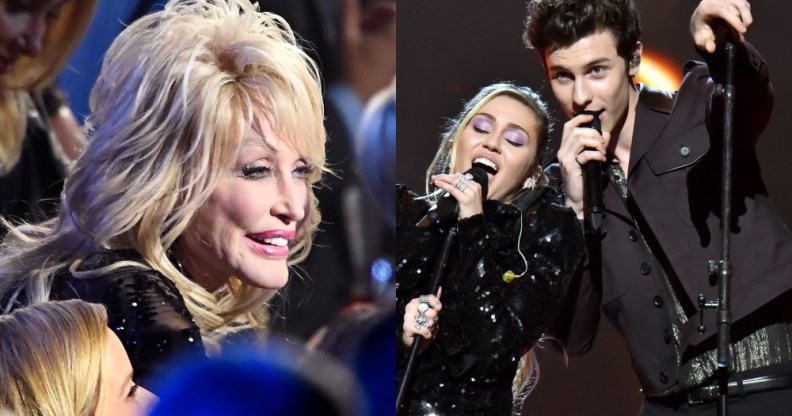 Dolly Parton sitting in a crowd / Miley Cyrus and Shawn Mendes singing for her