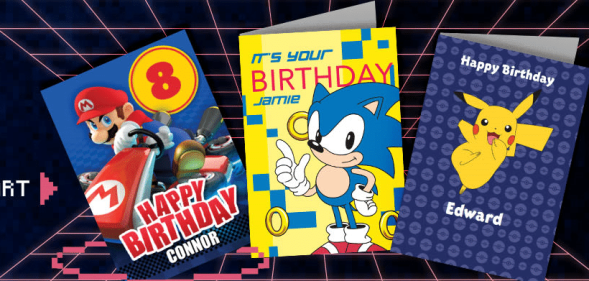 The gaming cards section features brands including Nintendo and Sega. (Moonpig)