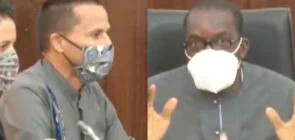 On the left: Andrew Barnes, wearing a face mask, speaks into a microphone. On the right: Alban Bagbin speaks into a microphone while sitting in a leather chair