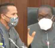On the left: Andrew Barnes, wearing a face mask, speaks into a microphone. On the right: Alban Bagbin speaks into a microphone while sitting in a leather chair