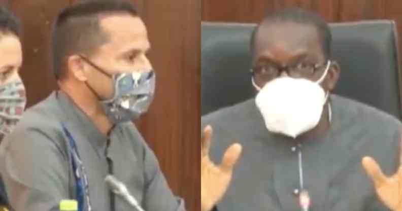 On the left: Andrew Barnes, wearing a face mask, speaks into a microphone. On the right: Alban Bagbin speaks into a microphone while sitting in a leather chair