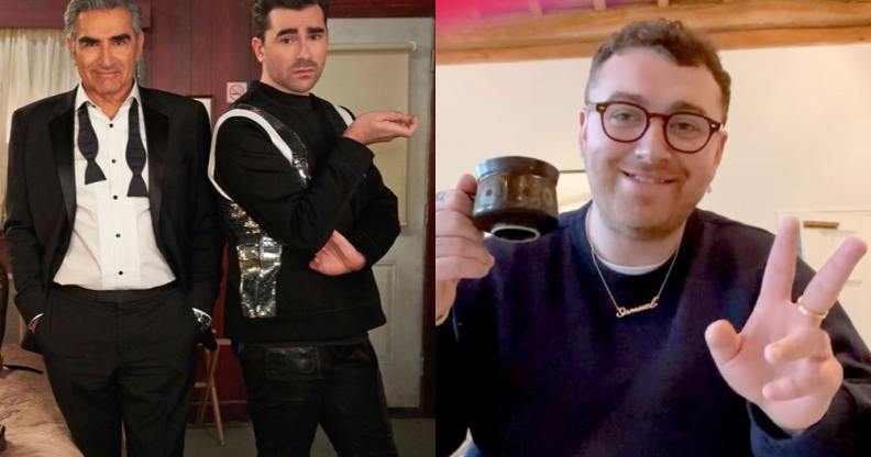 On the left: A promotional image for season six fo Schitt's Creek. On the right: Sam Smith gives a peace sign.