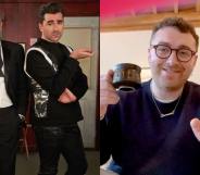 On the left: A promotional image for season six fo Schitt's Creek. On the right: Sam Smith gives a peace sign.