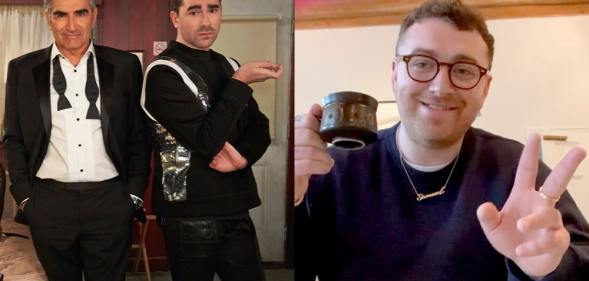 On the left: A promotional image for season six fo Schitt's Creek. On the right: Sam Smith gives a peace sign.