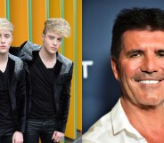 On the left: Jedward pose against an orange and green wall. On the right: Headshot of Simon Cowell smiling in a white shirt.