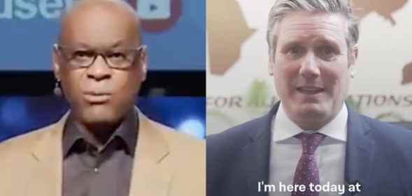 On the left: Jesus House senior pastor Agu Irukwu speaks to the camera in a tan suit. On the right: Keir Starmer speaks to the camera, saying: 'I'm here today at Jesus House in London'