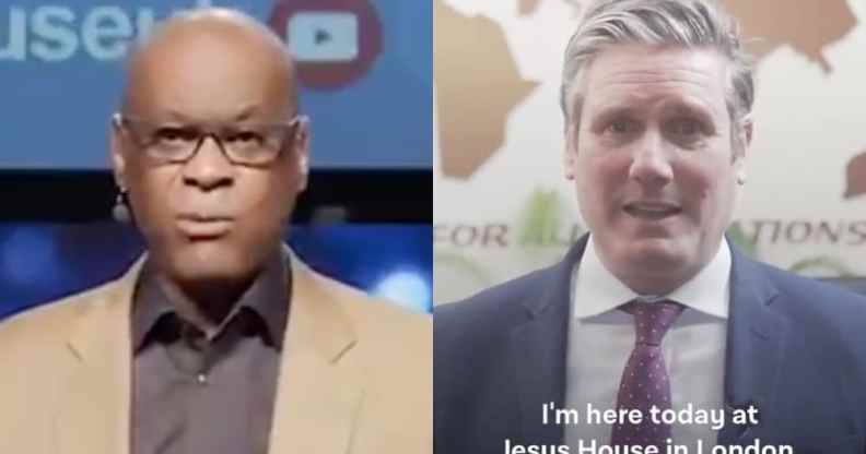 On the left: Jesus House senior pastor Agu Irukwu speaks to the camera in a tan suit. On the right: Keir Starmer speaks to the camera, saying: 'I'm here today at Jesus House in London'