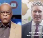 On the left: Jesus House senior pastor Agu Irukwu speaks to the camera in a tan suit. On the right: Keir Starmer speaks to the camera, saying: 'I'm here today at Jesus House in London'