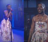Kid Cudi performs on-stage in a white floral dress