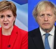 Two photos, one of Nicola Sturgeon in a red jacket and top, one of Boris Johnson in a black suit and blue tie