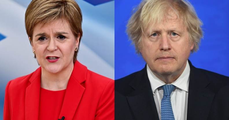 Two photos, one of Nicola Sturgeon in a red jacket and top, one of Boris Johnson in a black suit and blue tie