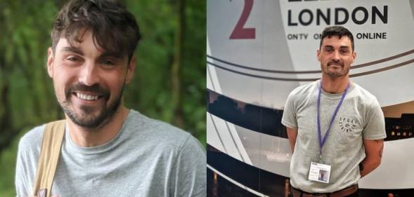 On the left: Dan O'Neill holds his bag strap in a grey t-shirt for a selfie. On the right: Dan O'Neill smiles against a wall that says 'BBC London' on it