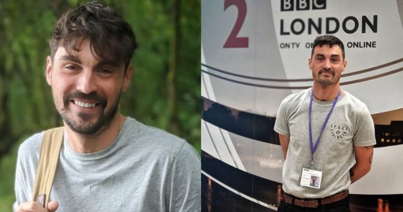 On the left: Dan O'Neill holds his bag strap in a grey t-shirt for a selfie. On the right: Dan O'Neill smiles against a wall that says 'BBC London' on it