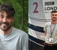 On the left: Dan O'Neill holds his bag strap in a grey t-shirt for a selfie. On the right: Dan O'Neill smiles against a wall that says 'BBC London' on it