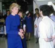 Princess Diana on a hospital ward talking to nurses
