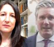 On the left: Rachel Reeves speaks to her laptop webcam in front of her bookshelf. On the right: Keir Starmer speaks wearing a suit.
