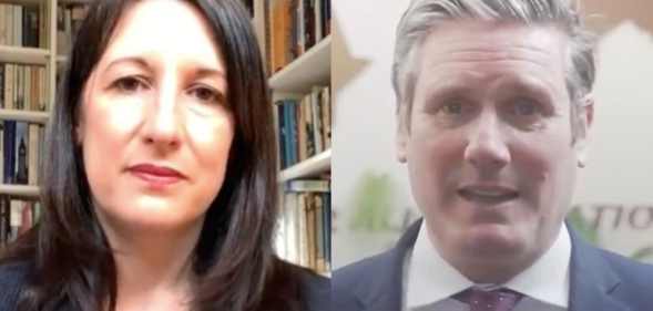 On the left: Rachel Reeves speaks to her laptop webcam in front of her bookshelf. On the right: Keir Starmer speaks wearing a suit.