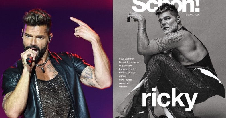 On the left: Ricky Martin in a mesh t-shirt and leather top sings into a microphone. On the right: Ricky Martin on the front cover of Schön! magazine.