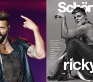 On the left: Ricky Martin in a mesh t-shirt and leather top sings into a microphone. On the right: Ricky Martin on the front cover of Schön! magazine.