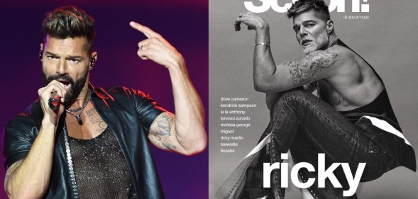 On the left: Ricky Martin in a mesh t-shirt and leather top sings into a microphone. On the right: Ricky Martin on the front cover of Schön! magazine.