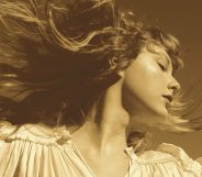 Taylor Swift on the Fearless (Taylor's Version) cover, looking to the right with her hair swept up in the wind
