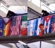 Side-by-side of photographs of a student at Ridgeline High School cutting down an LGBT+ flag