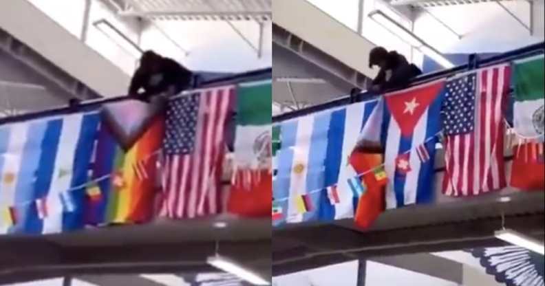 Side-by-side of photographs of a student at Ridgeline High School cutting down an LGBT+ flag