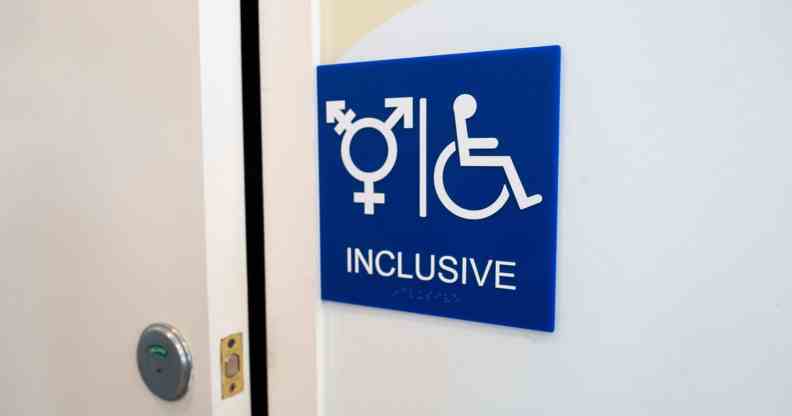 Sign for inclusive restroom, with symbol indicating male, female and transgender as well as handicapped symbol, part of LGBT rights initiatives in the Mission District neighborhood of San Francisco