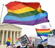 Demonstrators wave LGBT+ Pride flags outside the US Supreme Court