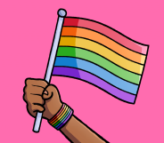 Illustrated rainbow pride flag being held by someone wearing a rainbow pride bracelet.