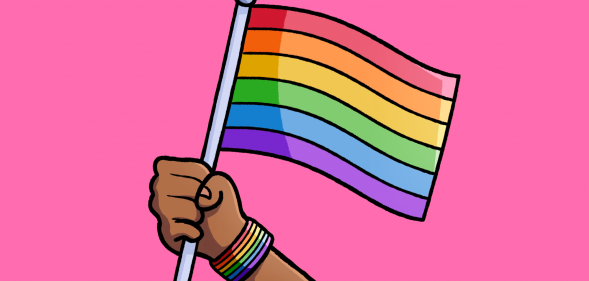 Illustrated rainbow pride flag being held by someone wearing a rainbow pride bracelet.