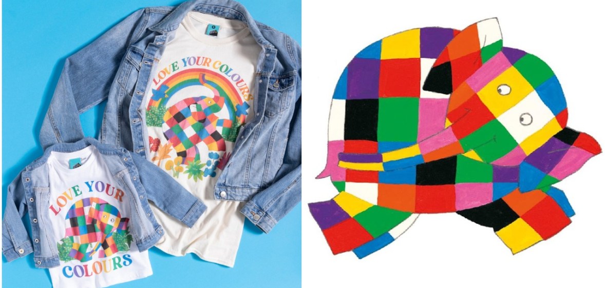 Elmer the Elephant features on a 'Love Your Colours' Pride t-shirt. (TruffleShuffle/AndersenPress)