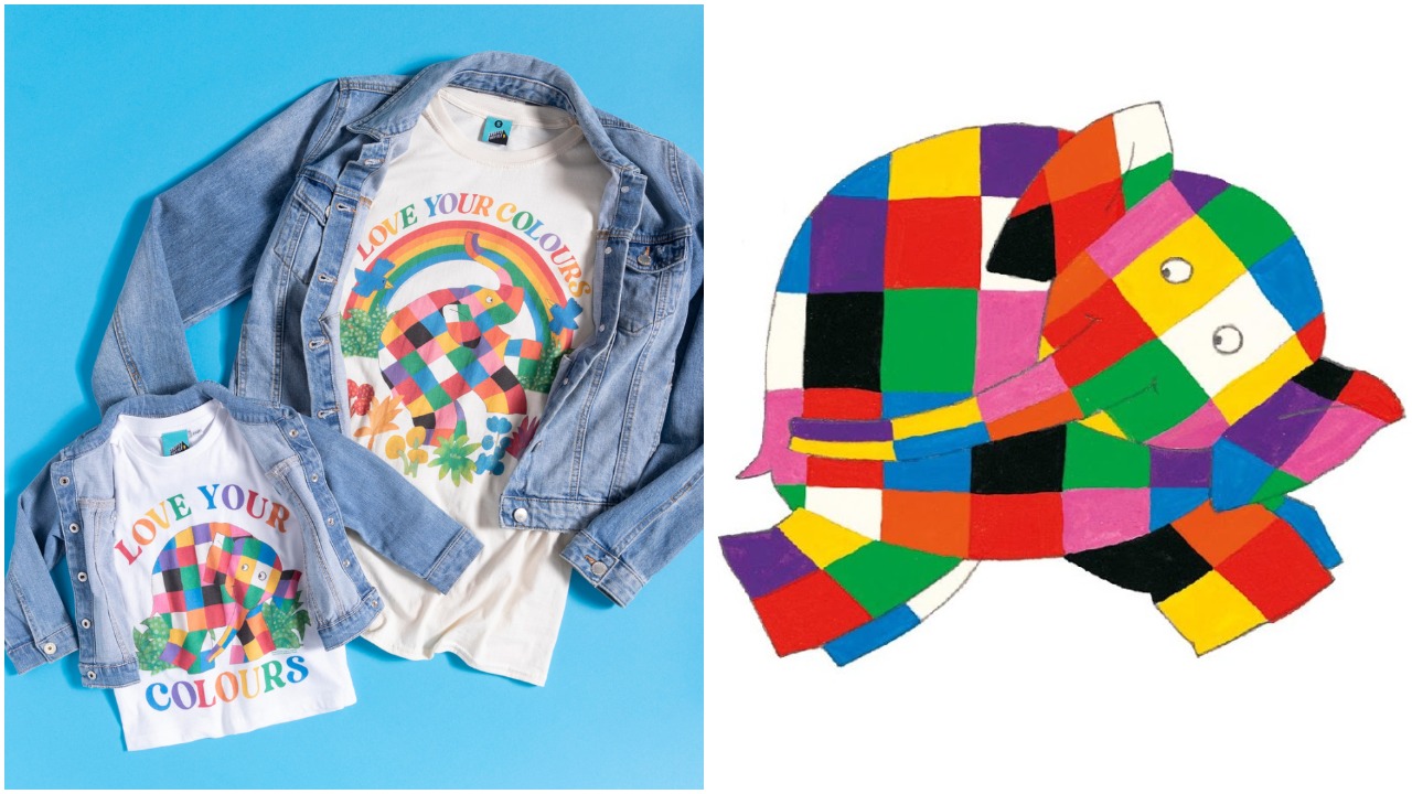 Elmer the Elephant features on a 'Love Your Colours' Pride t-shirt. (TruffleShuffle/AndersenPress)
