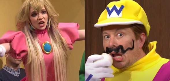 On the left: Grimes dressed as Princess Peach waving her hands in the air. On the right: Elon Musk, dressed as Wario, snickers while holding his fake moustache.