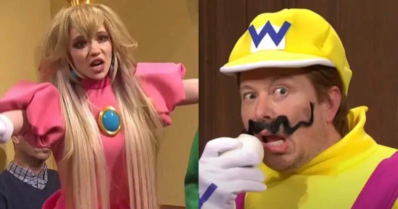 On the left: Grimes dressed as Princess Peach waving her hands in the air. On the right: Elon Musk, dressed as Wario, snickers while holding his fake moustache.