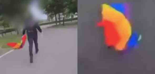 On the left: A teenager walked along a river carrying a Pride flag. On the right: The flag flows along the river