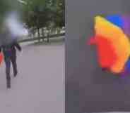 On the left: A teenager walked along a river carrying a Pride flag. On the right: The flag flows along the river