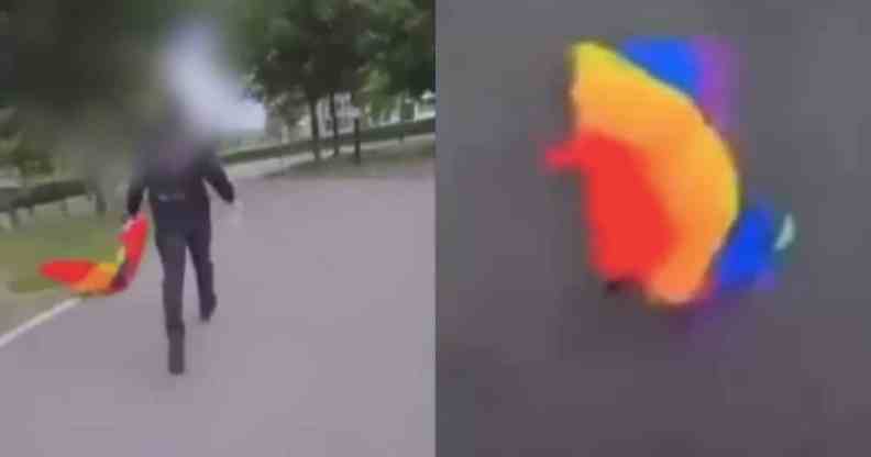 On the left: A teenager walked along a river carrying a Pride flag. On the right: The flag flows along the river