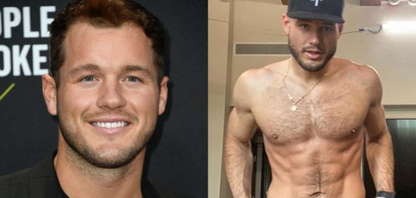 On the left: Colton Underwood smiles at the red carpet. On the right: Colton Underwood stands shirtless while looking at the camera
