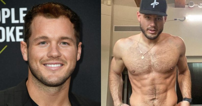 On the left: Colton Underwood smiles at the red carpet. On the right: Colton Underwood stands shirtless while looking at the camera