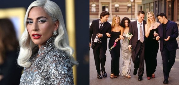 On the left: Lady Gaga on the red carpet in a metallic dress. On the right: The original cast of Friends