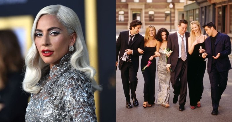 On the left: Lady Gaga on the red carpet in a metallic dress. On the right: The original cast of Friends