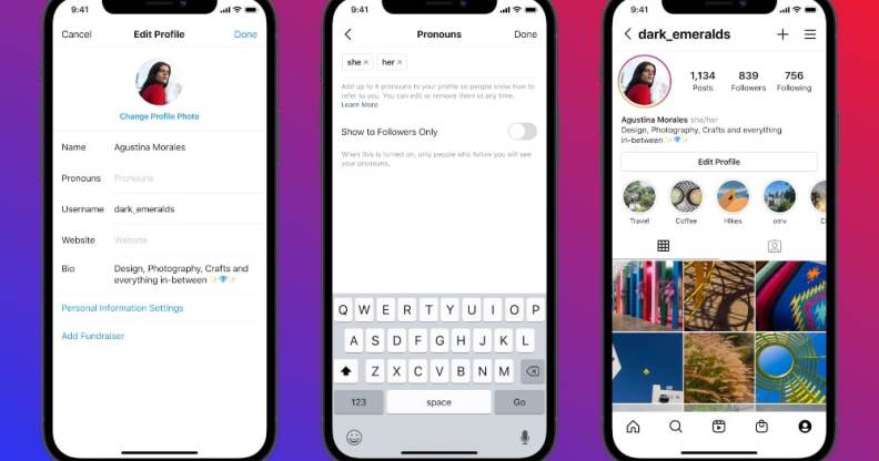 An iPhone with instagram loaded up, showing how to add pronouns