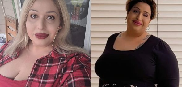 On the left: Jahaira DeAlto Balenciaga with blonde hair looks at the camera in a red plaid shirt and hoop earrings. On the right: Jahaira DeAlto Balenciaga stands in a black floral dress against some blinds